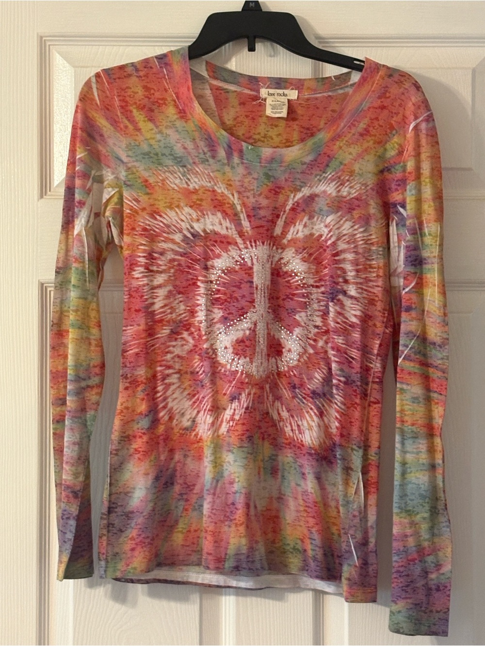 Love Rocks Rainbow Tie-Dye Long Sleeve Tee with Rhinestone Peace Sign